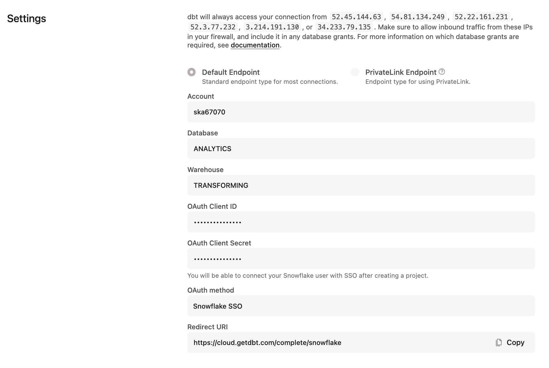 Configuring Snowflake OAuth connection Configuring Snowflake OAuth connection