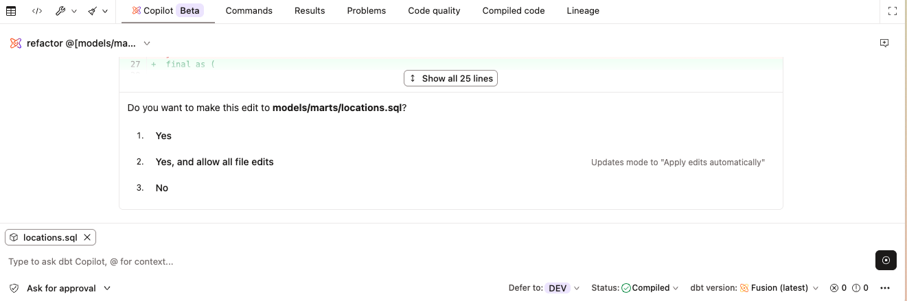 The Developer agent in Ask for approval mode, requesting approval before making file edits.